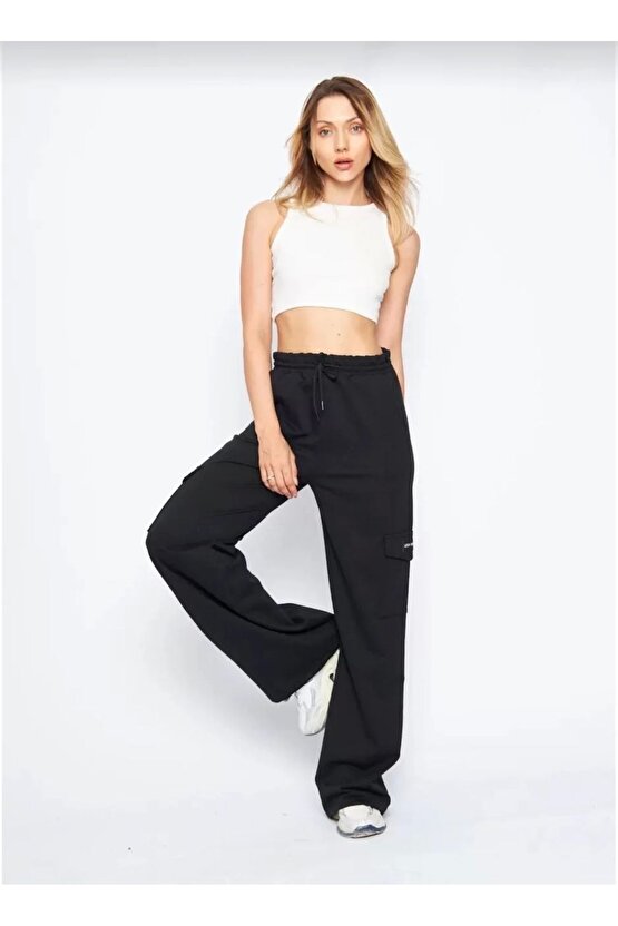 Kargo Cepli Palazzo Oversize Kesim İki iplik Bol Paça Eşofman Altı Pantalon - Siyah