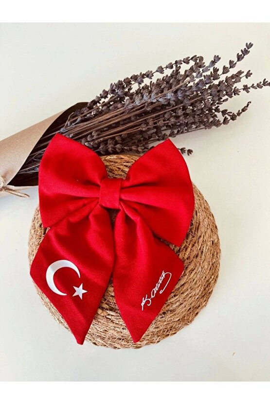 TÜRK Bayrağı ve Atatürk imza Motifli Fiyonk Toka - Kırmızı