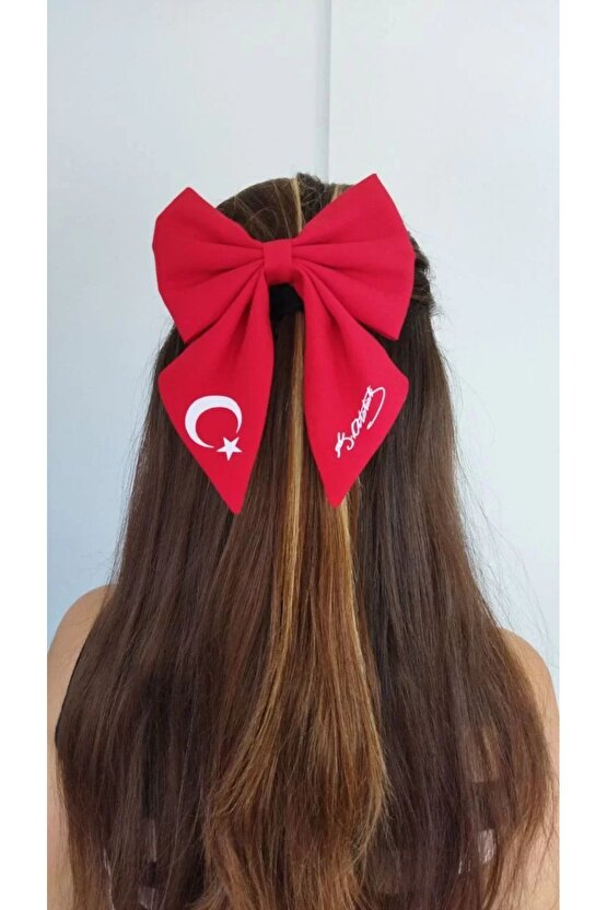 TÜRK Bayrağı ve Atatürk imza Motifli Fiyonk Toka - Kırmızı