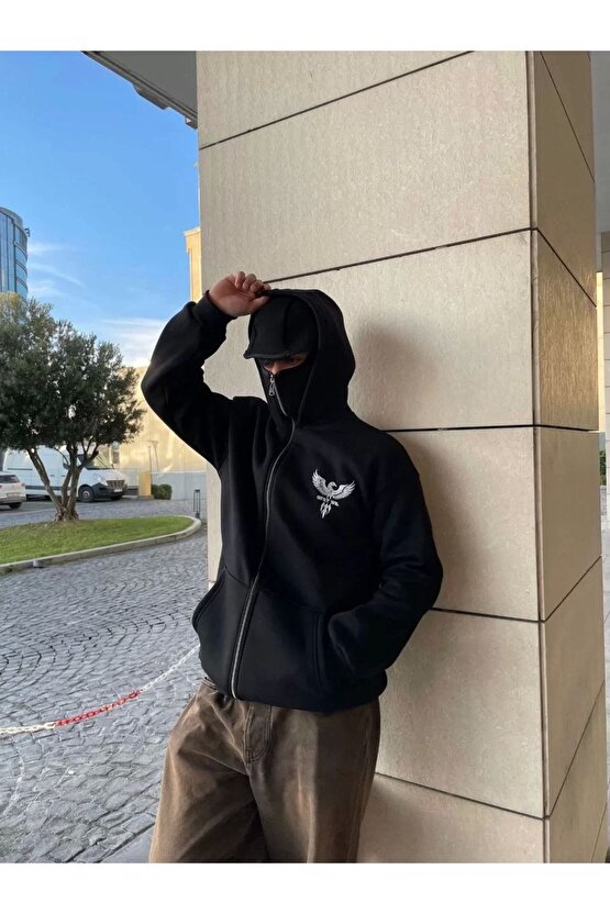 Samuray kapüşonlu ZIP Fermuarlı kapüşonlu SweatShirt - Siyah