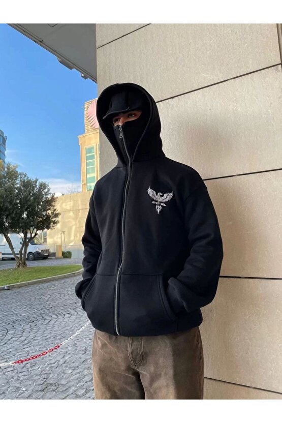 Samuray kapüşonlu ZIP Fermuarlı kapüşonlu SweatShirt - Siyah