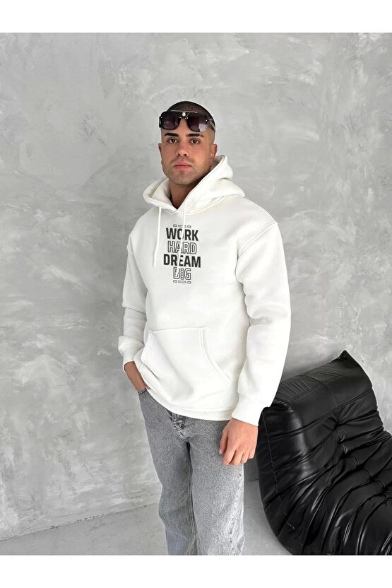Kışlık Üç Iplik Kapüşonlu Sweatshirt - Beyaz