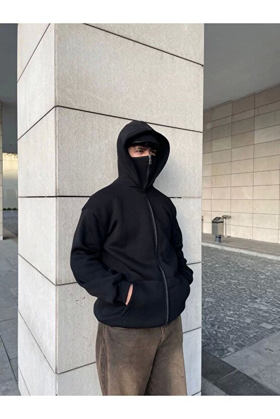 Samuray Kapüşonlu ZIP Fermuarlı Kapüşonlu SweatShirt - Siyah