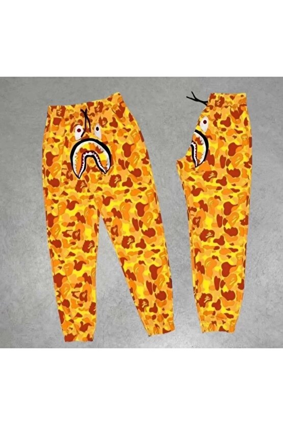 İki Iplik Mevsimlik Bape Nakişli Eşofman Pantolon - Sarı