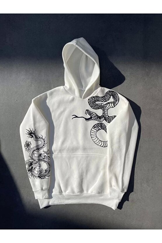Uzun Kol Kapüşonlu Baskılı Sweatshirt - Beyaz