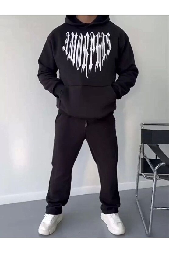 Uzun Kol Kapüşonlu Baskılı SweatShirt - Siyah