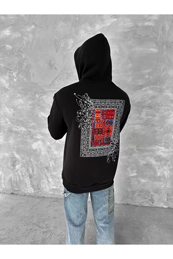 Uzun Kol Kapüşonlu Ön Ve Arka Baskılı SweatShirt - Siyah