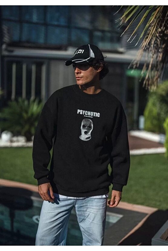 Kışlık Bisiklet Yaka Baskılı SweatShirt - Siyah