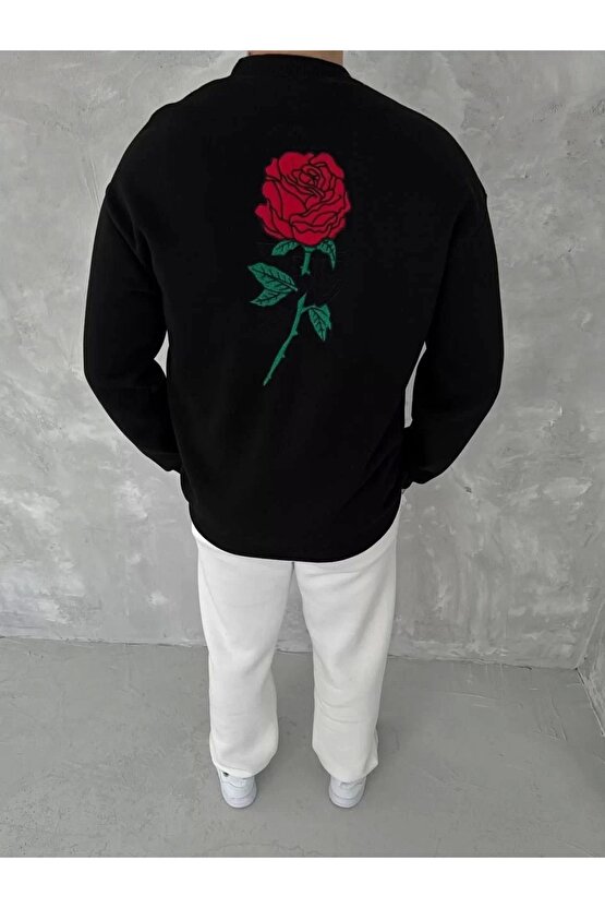 Unisex Bisiklet Yaka Ön Ve Arka Baskılı SweatShirt - Siyah