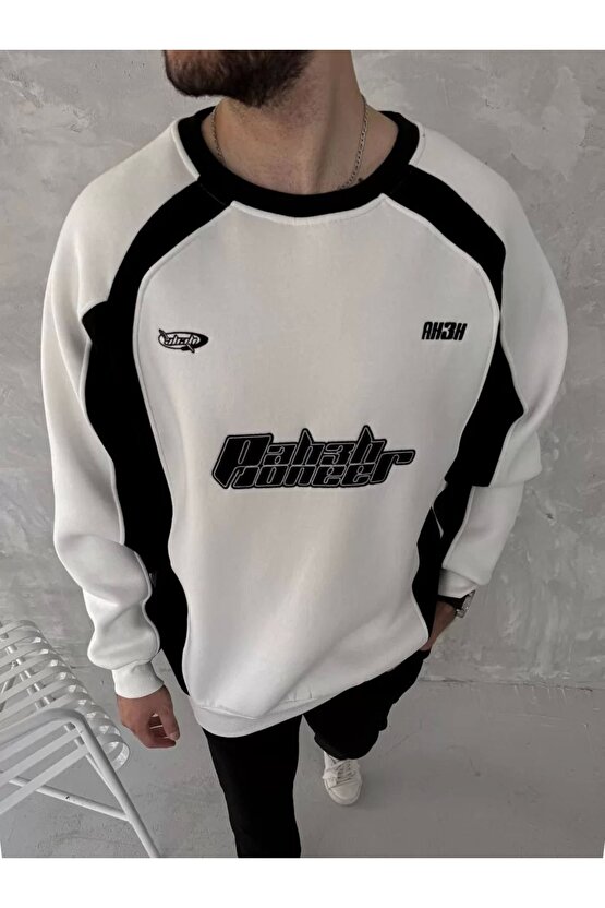 Kışlık Nakış İşlemeli Bisiklet Yaka Parçalı SweatShirt - Beyaz