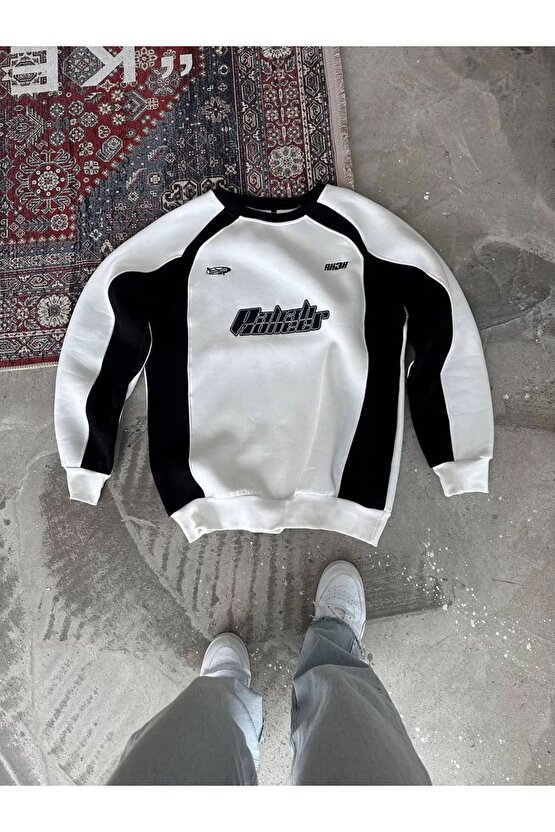 Kışlık Nakış İşlemeli Bisiklet Yaka Parçalı SweatShirt - Beyaz