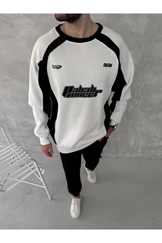Kışlık Nakış İşlemeli Bisiklet Yaka Parçalı SweatShirt - Beyaz
