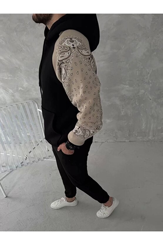 Üç İplik Penye Kapşonlu Parçalı SweatShirt - Siyah