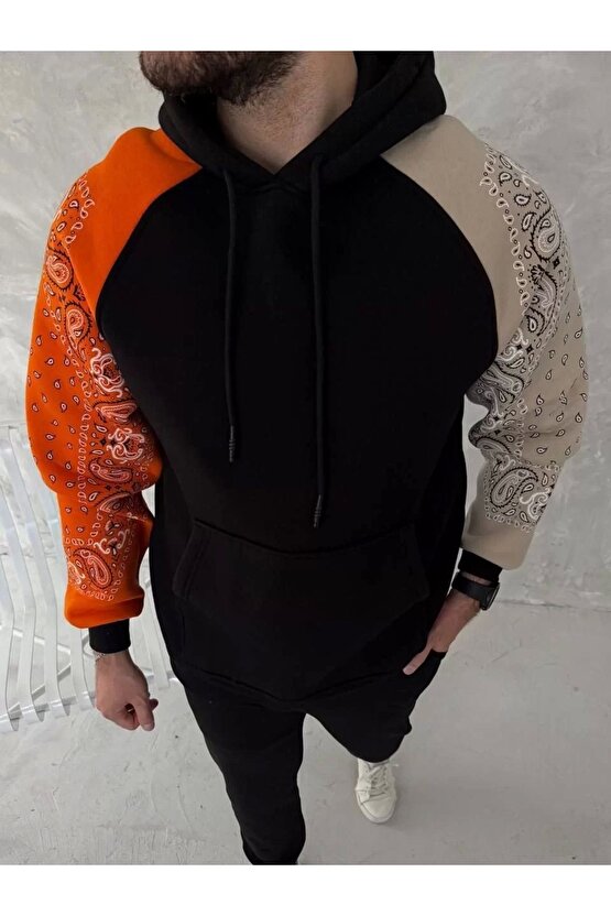 Üç İplik Penye Kapşonlu Parçalı SweatShirt - Siyah