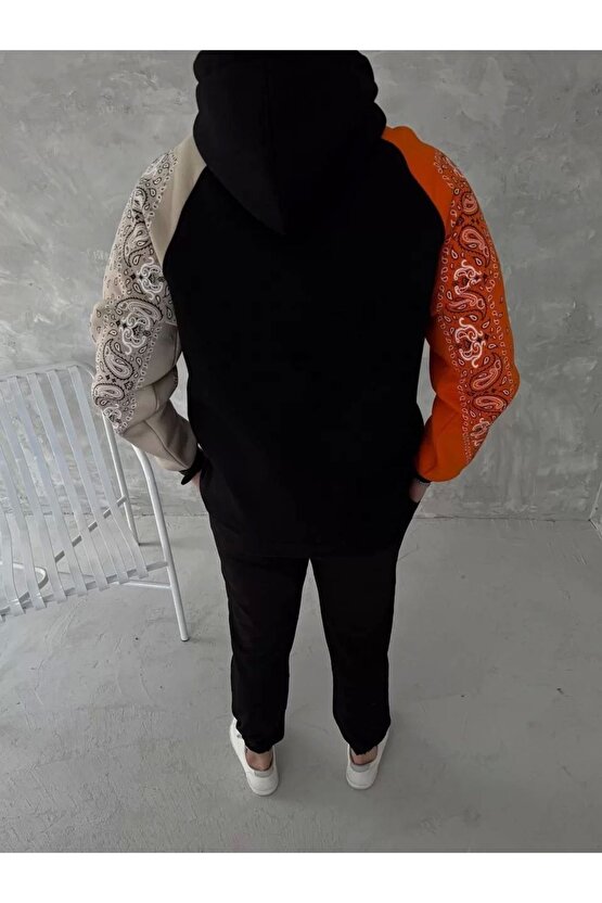 Üç İplik Penye Kapşonlu Parçalı SweatShirt - Siyah