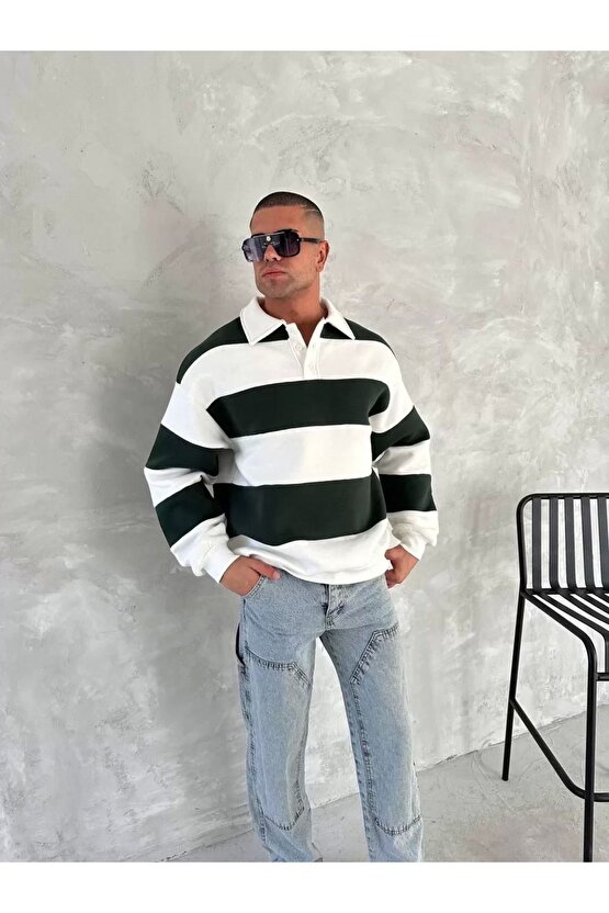 Unisex Üç İplik Parçalı Yakalı SweatShirt - Yeşil