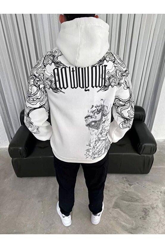 Kapşonlu Üç İplik Baskılı SweatShirt - Beyaz