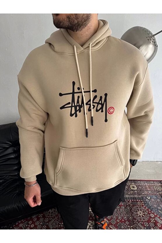 Üç İplik Kapşonlu Baskılı SweatShirt - Bej
