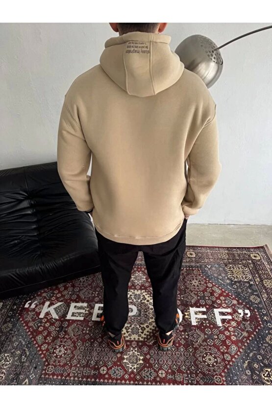 Üç İplik Kapşonlu Baskılı SweatShirt - Bej