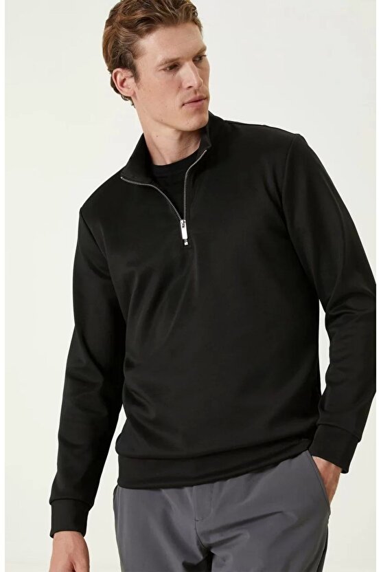 Unisex Uzun Kol Yarım Farmuarlı Yakalı Basic SweatShirt - Siyah