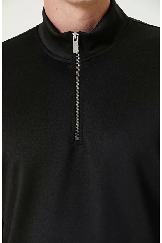 Unisex Uzun Kol Yarım Farmuarlı Yakalı Basic SweatShirt - Siyah