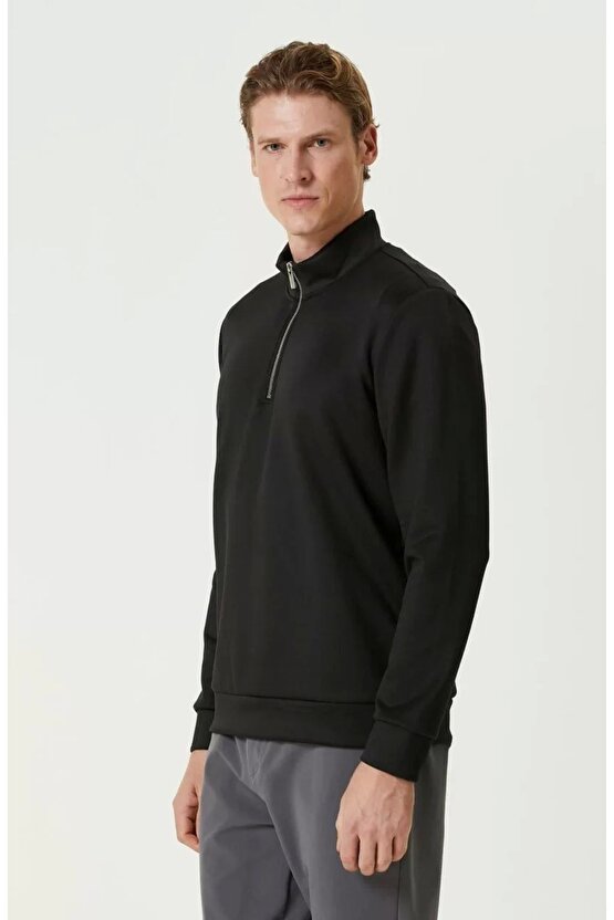 Unisex Uzun Kol Yarım Farmuarlı Yakalı Basic SweatShirt - Siyah