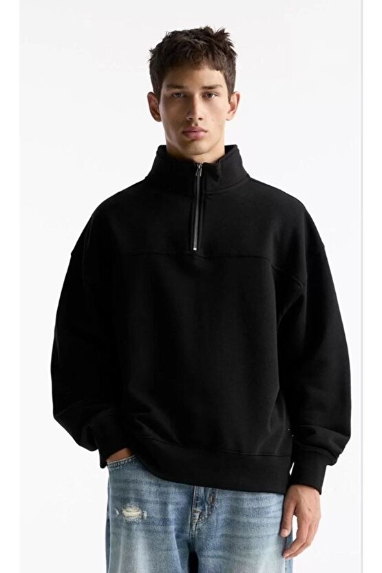 Oversize Yarım Farmuarlı Yakalı Basic SweatShirt - Siyah