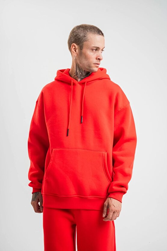 Unisex Double Oversize Kapşonlu Basic SweatShirt - Kırmızı