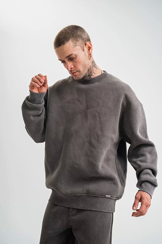Unisex Uzun Kol Bisiklet Yaka Yıkamalı SweatShirt - Füme
