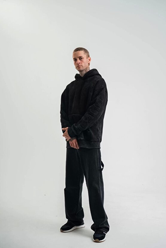 Kapşonlu Double Oversize Yıkamalı Evalı Nakışlı SweatShirt - Siyah