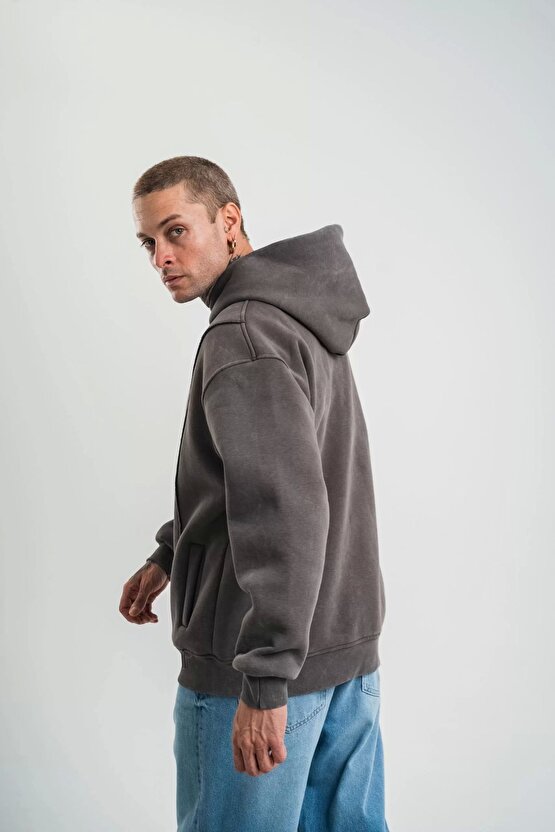 Unisex Uzun Kol Kapşonlu Yıkamalı Nakışlı SweatShirt - Füme
