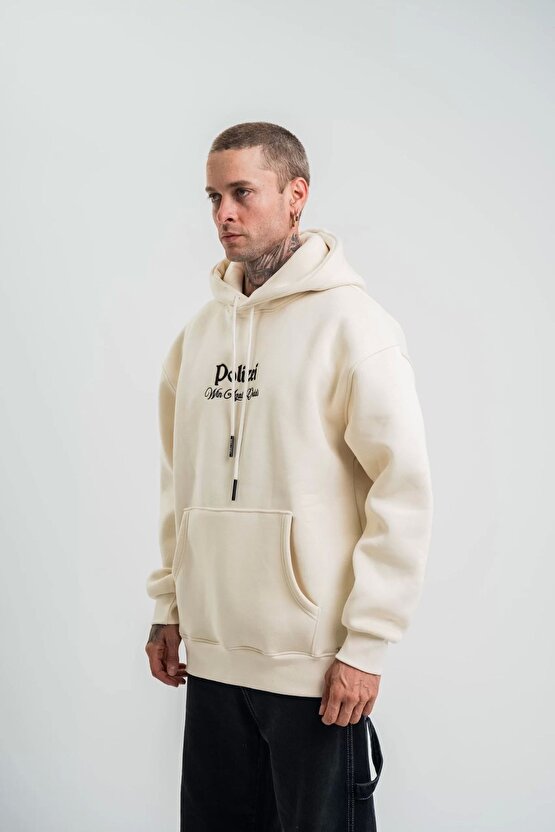 Üç İplik Kapşonlu Dijital Patchli SweatShirt - Krem