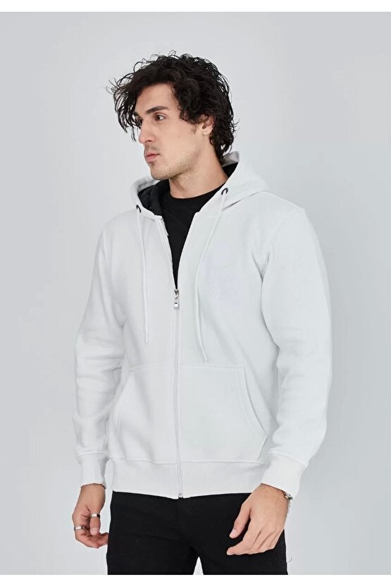 Unisex Tam Fermuarlı Kapşonlu Sweatshirt - Beyaz