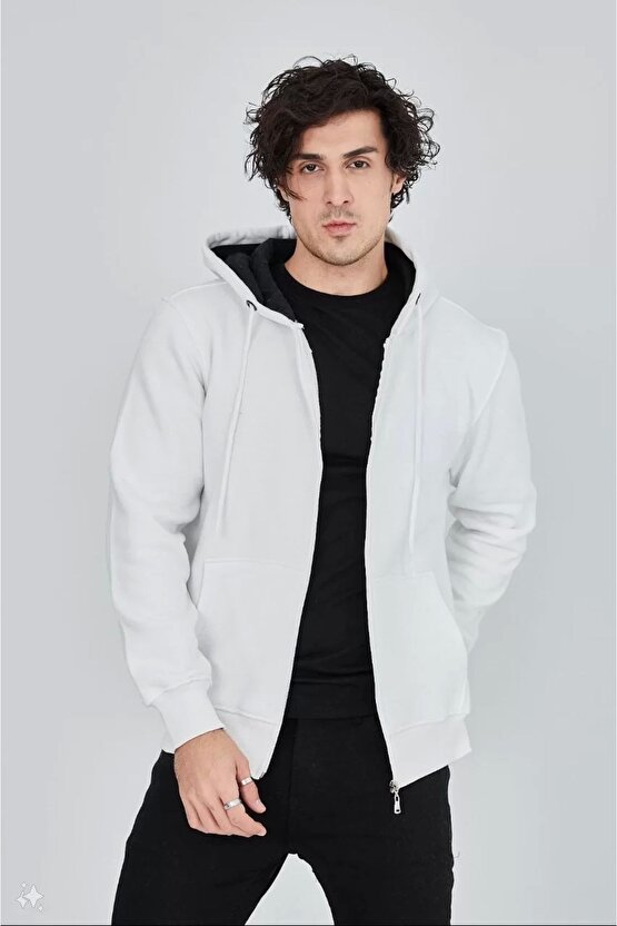 Unisex Tam Fermuarlı Kapşonlu Sweatshirt - Beyaz
