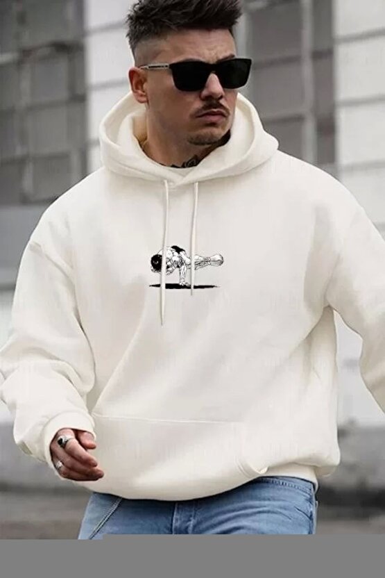 Unisex Baskılı Oversize Üç Iplik Kapüşonlu Sweatshirt - Beyaz