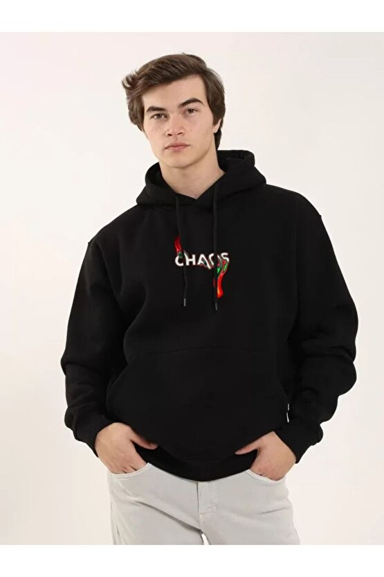 Gelirr Unisex Baskılı Oversize Üç Iplik Kapüşonlu Sweatshirt - Siyah