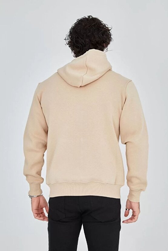 Unisex Tam Fermuarlı Kapşonlu Sweatshirt - Bej