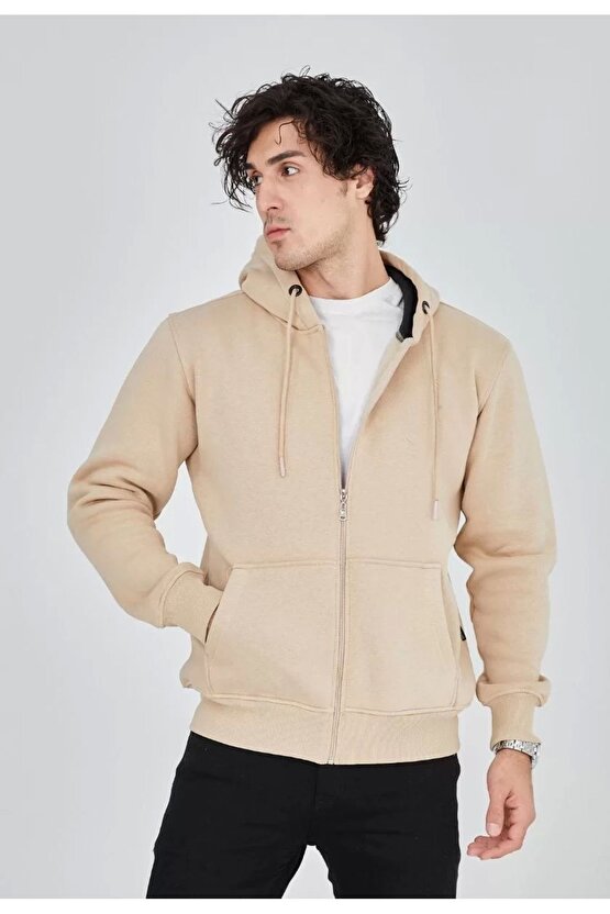Unisex Tam Fermuarlı Kapşonlu Sweatshirt - Bej