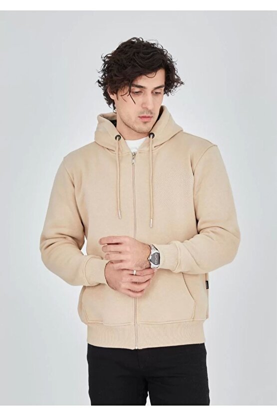 Unisex Tam Fermuarlı Kapşonlu Sweatshirt - Bej