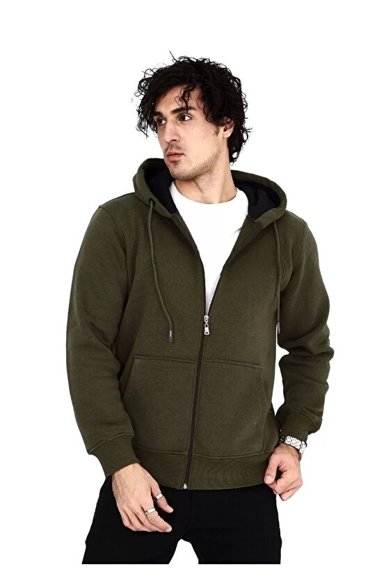 Unisex Tam Fermuarlı Kapşonlu Sweatshirt - Haki