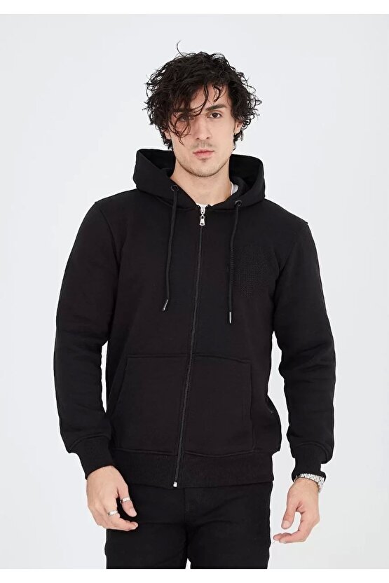 Unisex Tam Fermuarlı Kapşonlu Sweatshirt - Siyah
