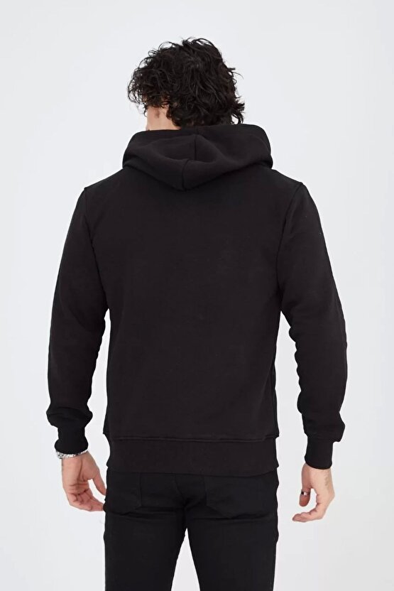 Unisex Tam Fermuarlı Kapşonlu Sweatshirt - Siyah