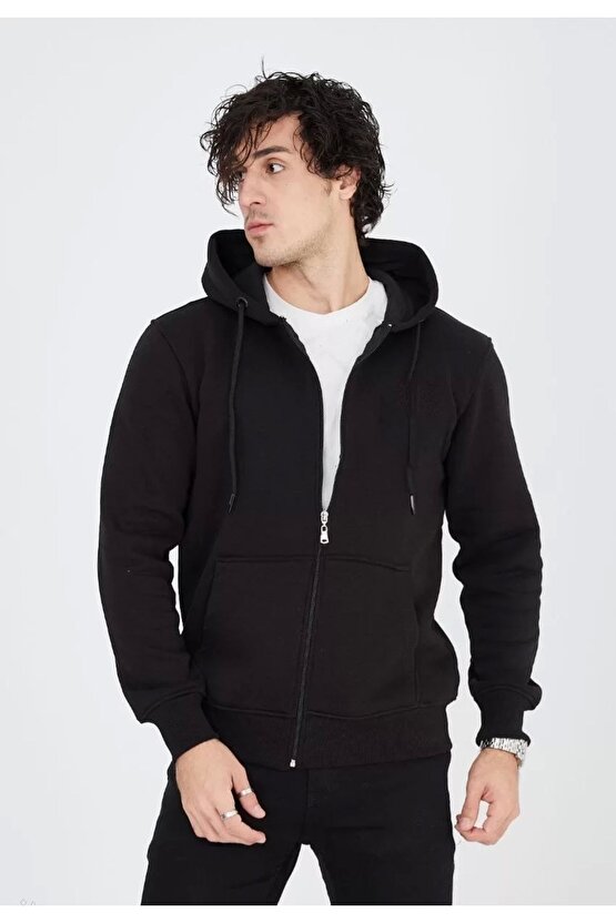 Unisex Tam Fermuarlı Kapşonlu Sweatshirt - Siyah