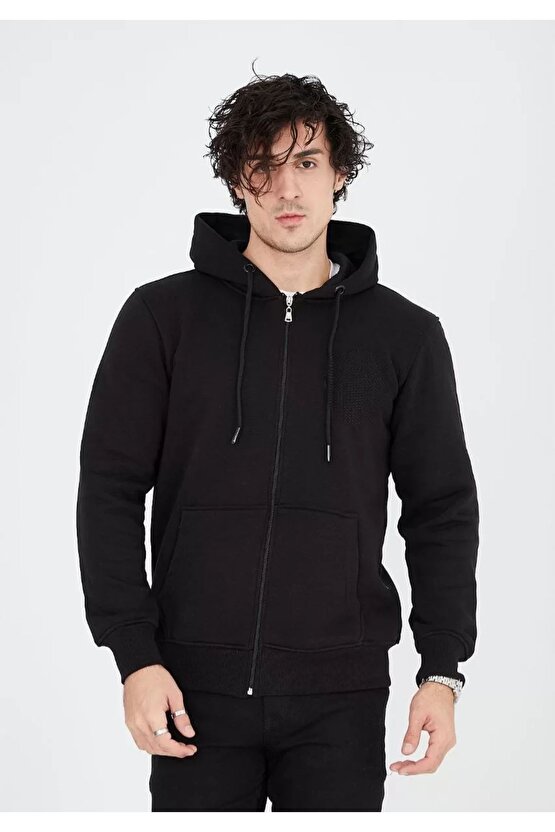 Unisex Tam Fermuarlı Kapşonlu Sweatshirt - Siyah