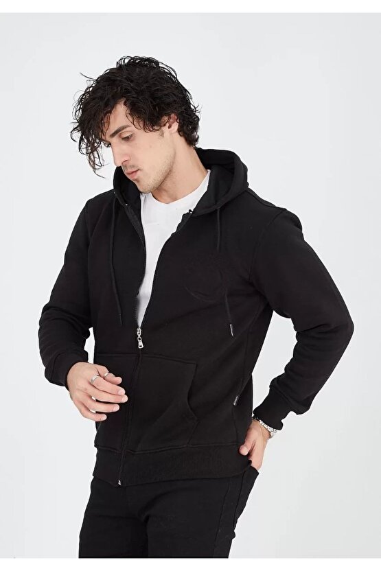 Unisex Tam Fermuarlı Kapşonlu Sweatshirt - Siyah