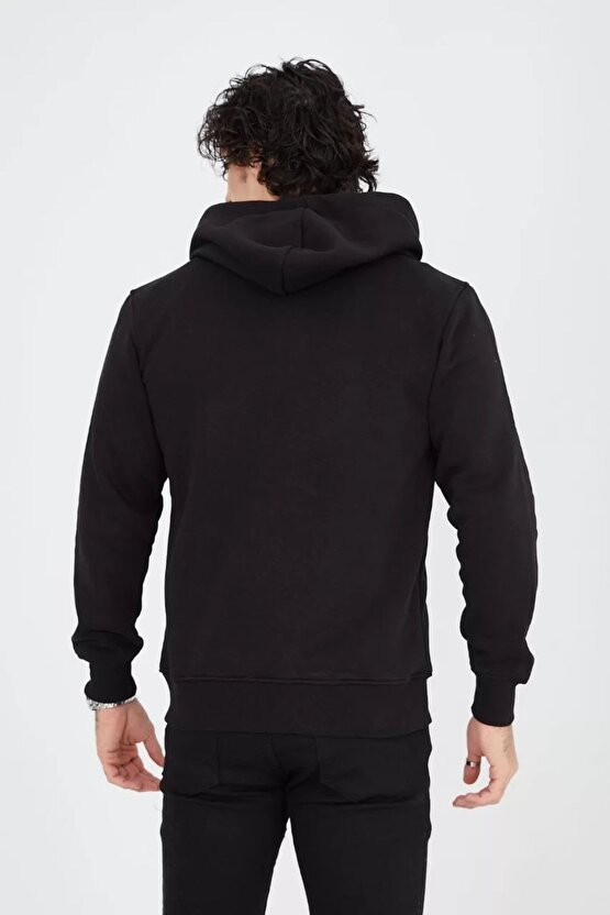Unisex Tam Fermuarlı Kapşonlu Sweatshirt - Siyah