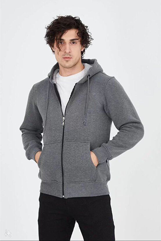 Unisex Tam Fermuarlı Kapşonlu Sweatshirt - Füme