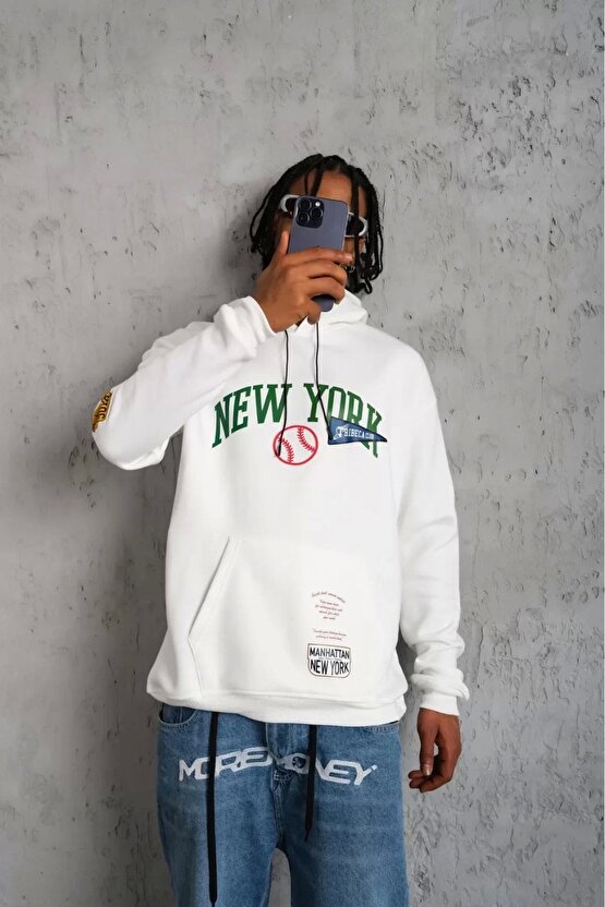 Erkek Baskılı Kapüşonlu Sweatshirt - Beyaz
