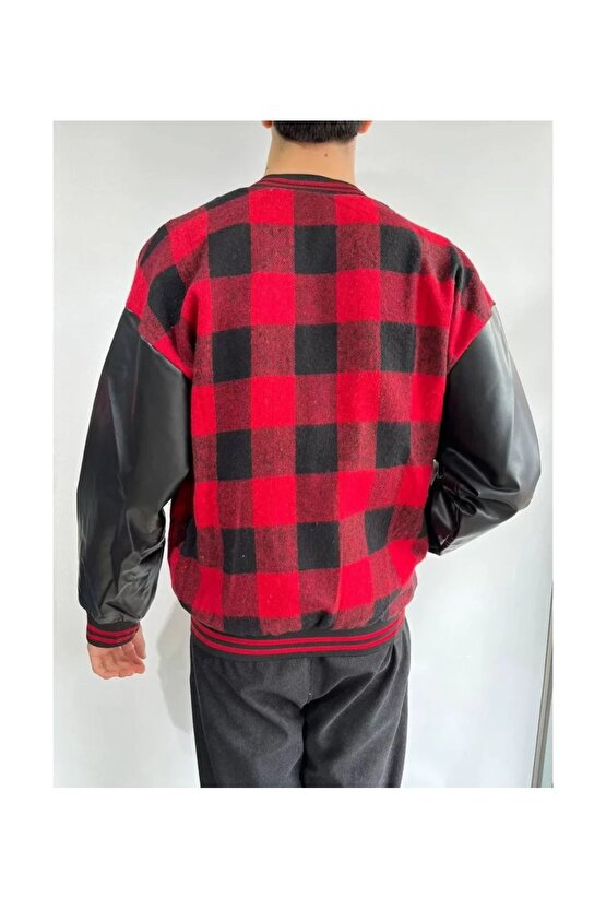 Mottisfashion Erkek Pötikare Desen Nakışlı Kolej Ceket - Kırmızı