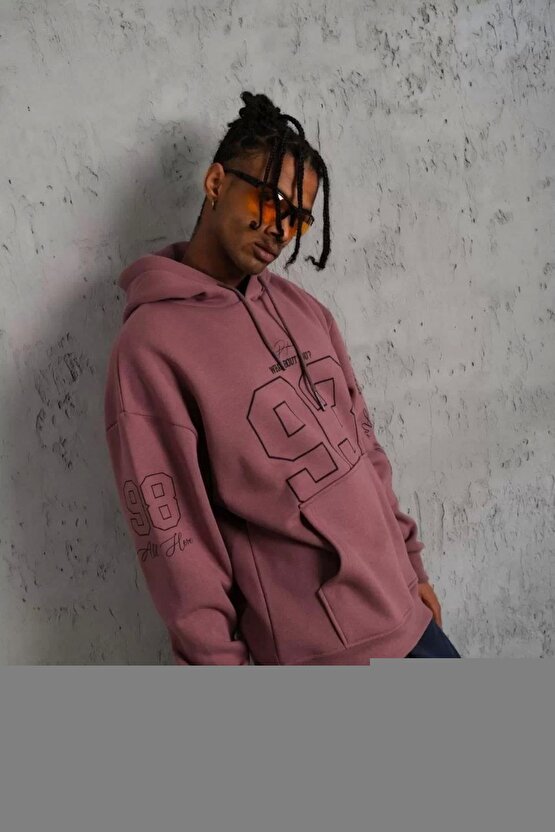 Erkek Kilim Desen Kapüşonlu Sweat - Gül Kurusu